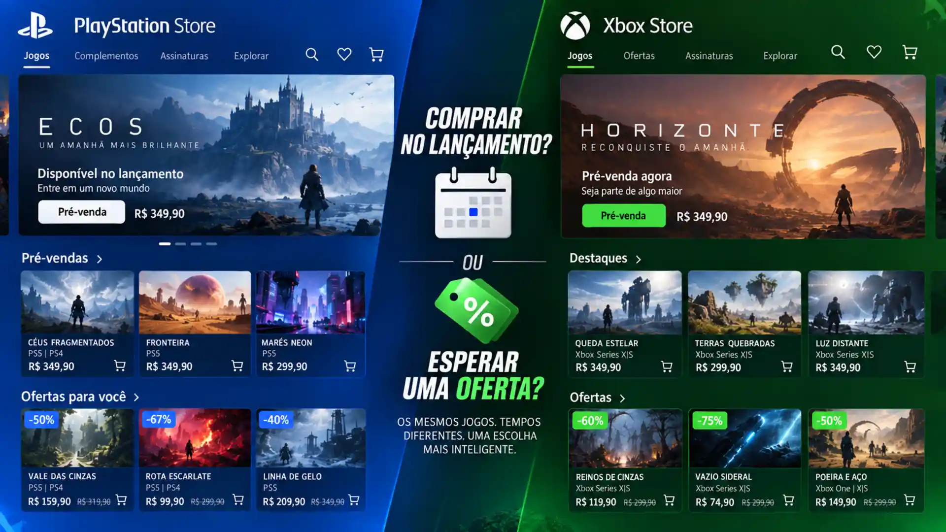 Comparação entre PlayStation Store e Xbox Store com preços de lançamento e ofertas de jogos