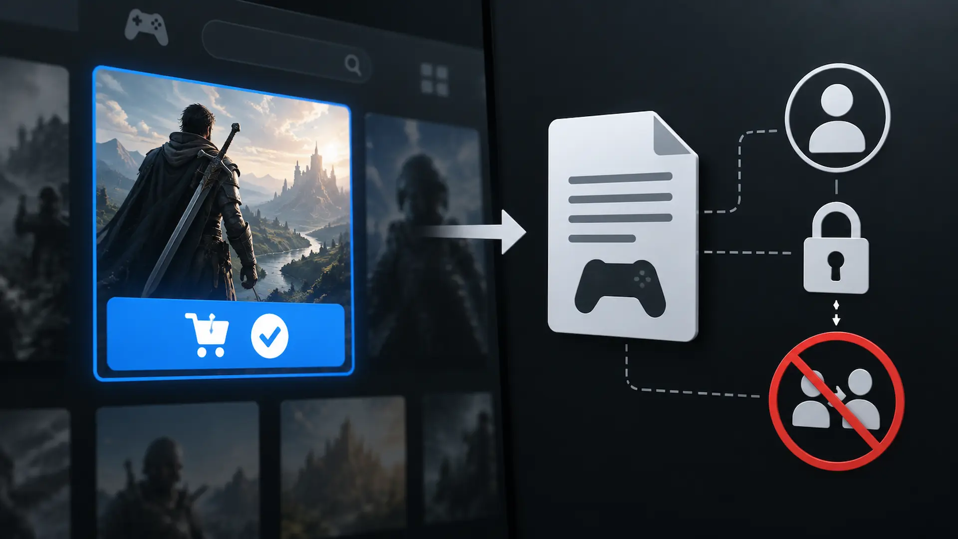 Disco de videogame e caixa física diante de uma biblioteca digital com elementos de conta, download e bloqueio, representando a diferença entre posse física e licença digital.