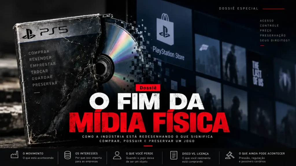 Disco de PS5 se desfazendo diante de uma interface digital, representando a transição da mídia física para licenças e acesso digital