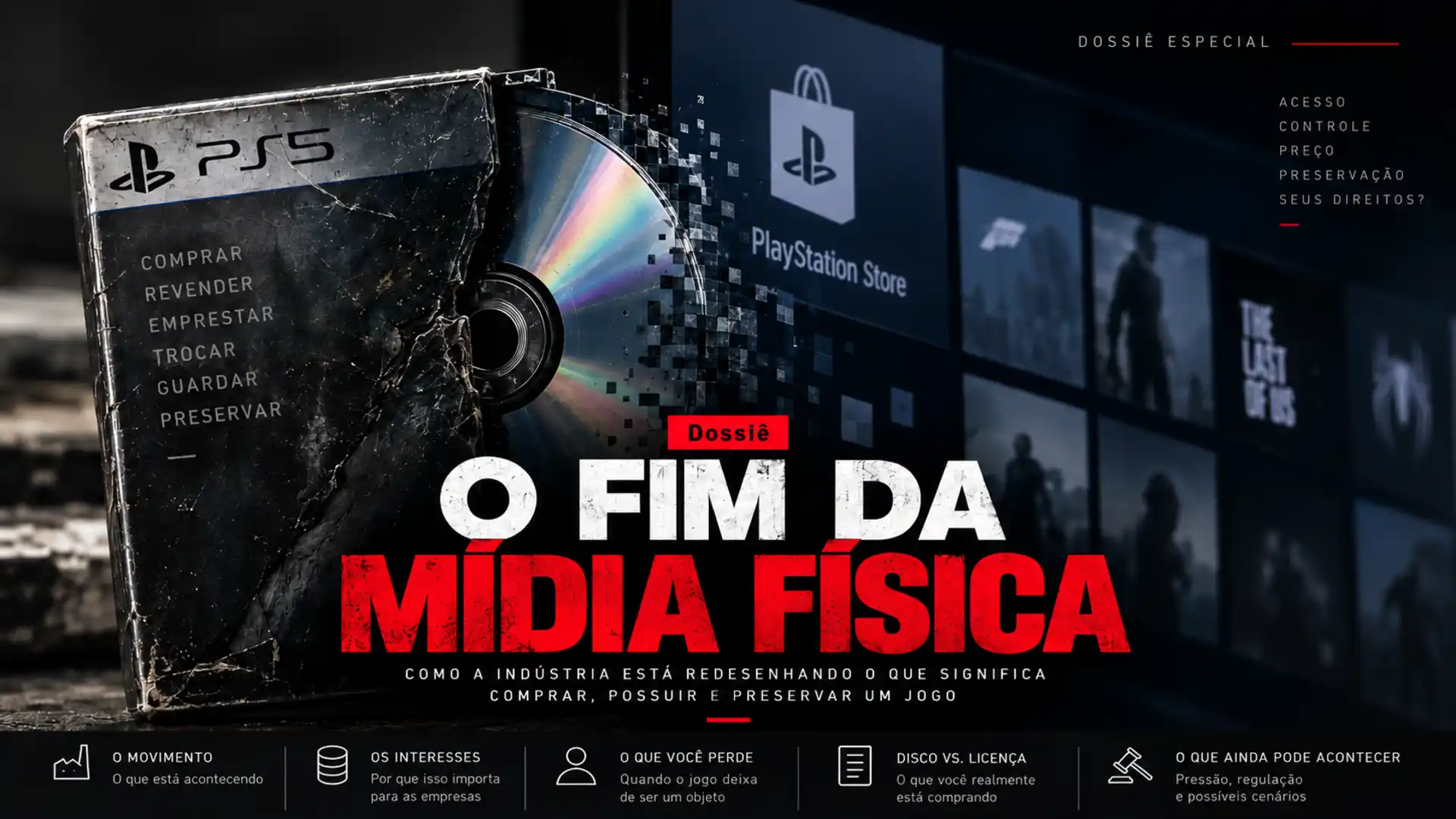 Disco de PS5 se desfazendo diante de uma interface digital, representando a transição da mídia física para licenças e acesso digital