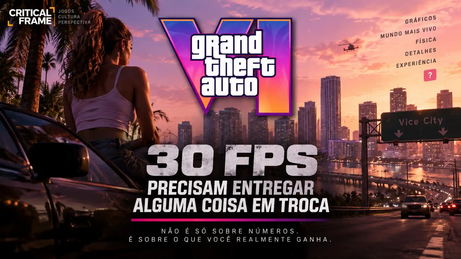 Arte de GTA 6 destacando 30 FPS e a discussão sobre o que o jogo entrega em troca da menor fluidez