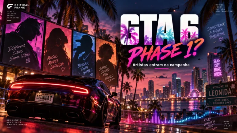 Arte editorial sobre GTA 6 e a possível nova fase de marketing chamada Phase 1, com música, artistas e referências a Leonida.