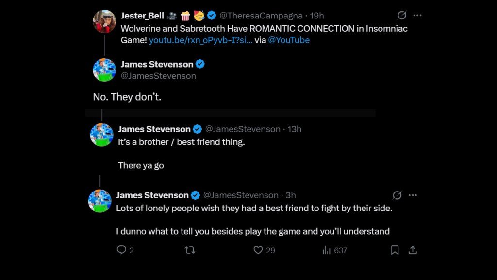 Captura de tela com respostas de James Stevenson, da Insomniac, negando romance entre Wolverine e Dentes-de-Sabre e descrevendo a relação como de irmãos ou melhores amigos.