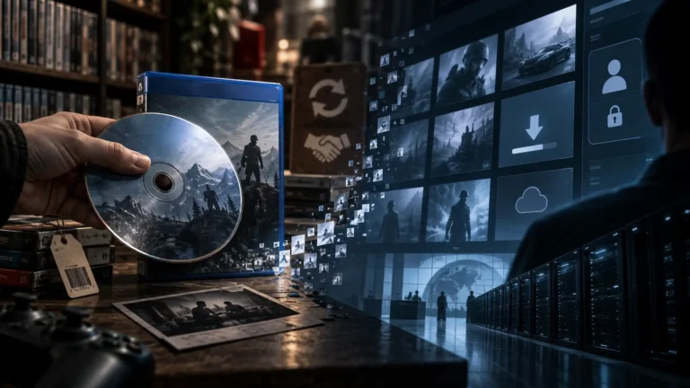 Disco de videogame e caixa física diante de uma biblioteca digital com ícones de download, conta e bloqueio, representando a transição da mídia física para licenças digitais.