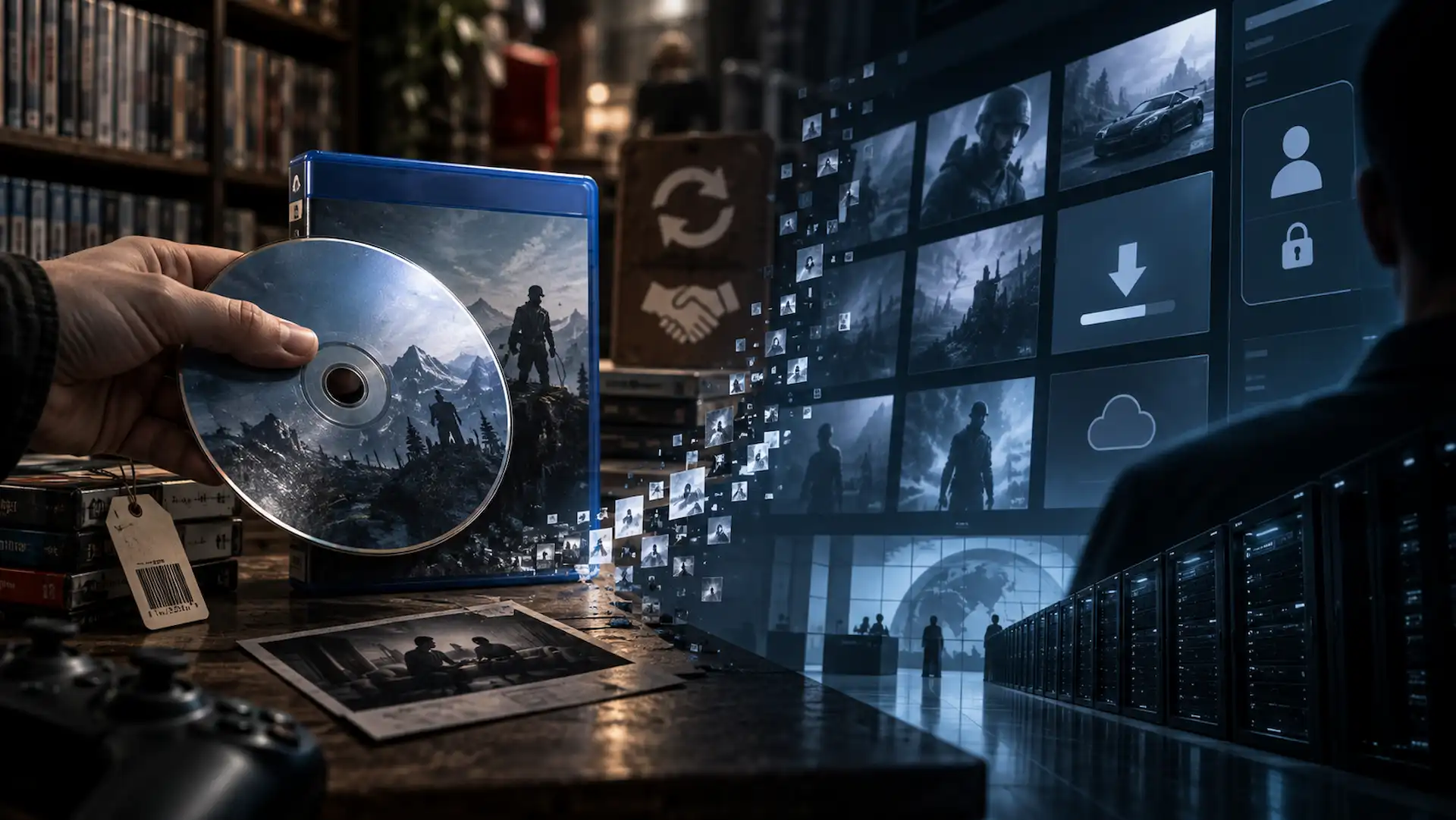 Disco de videogame e caixa física diante de uma biblioteca digital com ícones de download, conta e bloqueio, representando a transição da mídia física para licenças digitais.