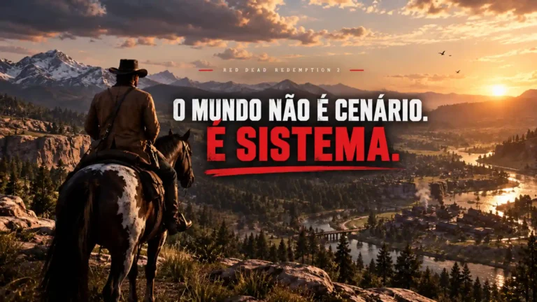 Arthur Morgan a cavalo diante de um vale de Red Dead Redemption 2, destacando a ideia de um mundo construído por sistemas e reações