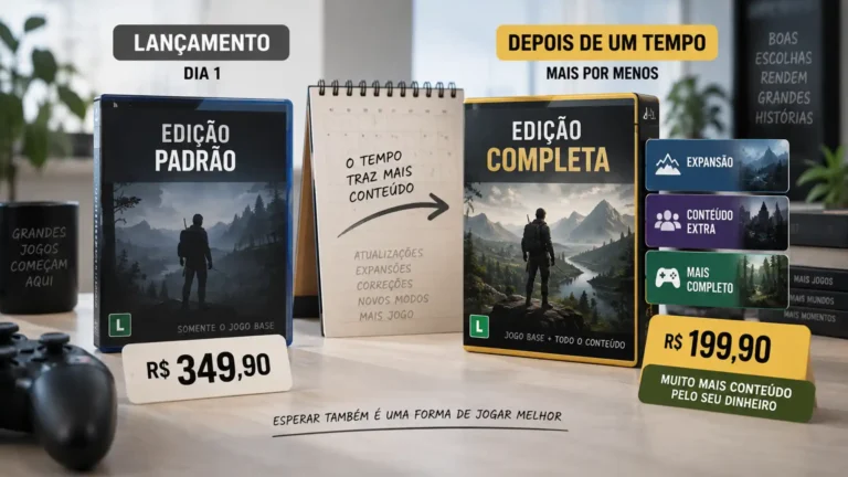 Comparação entre edição padrão no lançamento e edição completa mais tarde, mostrando mais conteúdo por menos dinheiro