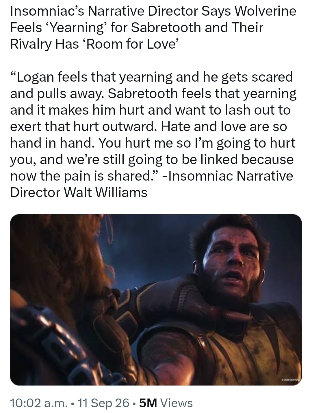 Captura de tela reproduzindo a fala do diretor narrativo Walt Williams sobre Wolverine sentir yearning por Dentes-de-Sabre, citada pelo The Washington Post.