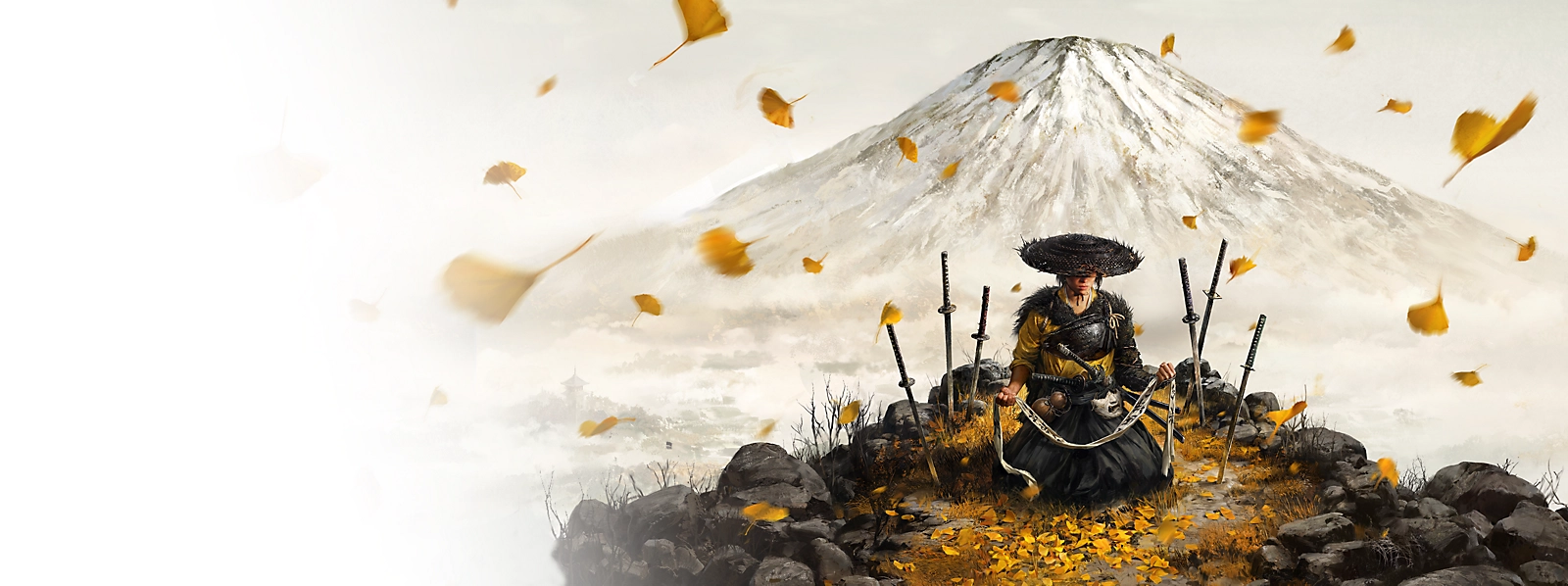 Guerreiro de Ghost of Yōtei ajoelhado entre espadas, com uma montanha ao fundo.