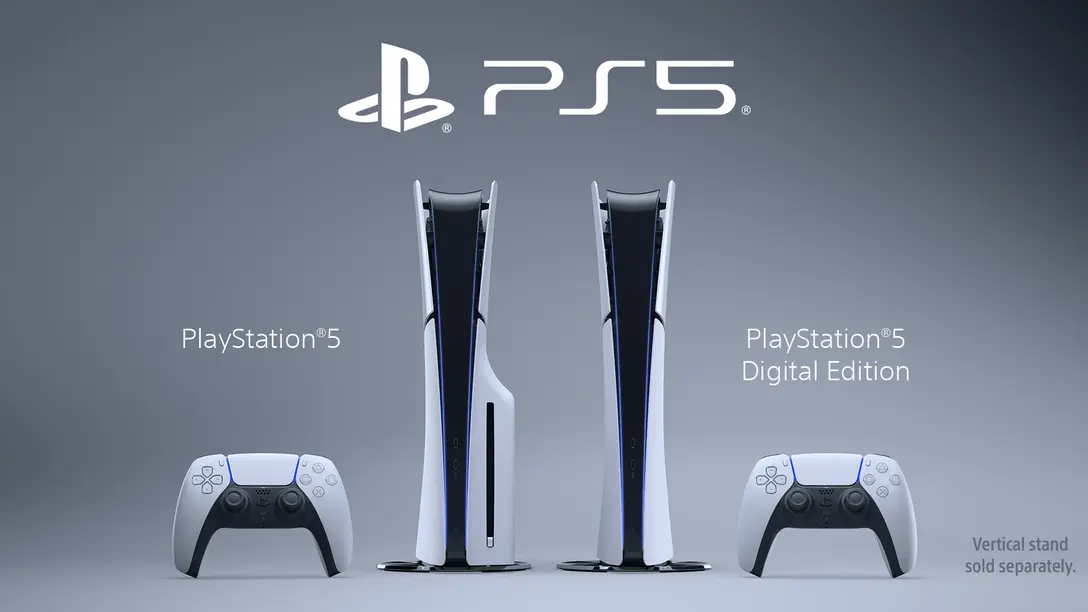 Modelos PlayStation 5 com leitor de disco e Digital Edition lado a lado.