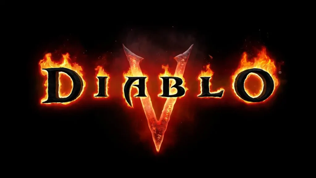 Logo de Diablo V em chamas sobre fundo escuro, jogo anunciado pela Blizzard para 2029.