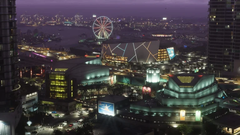 Vista noturna de Vice City em GTA 6, com trânsito, prédios e áreas urbanas iluminadas