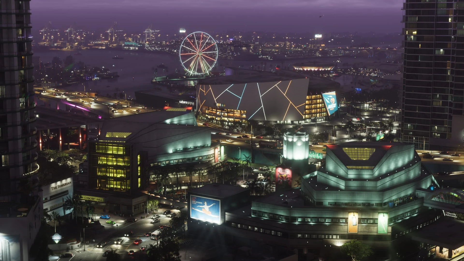 Vista noturna de Vice City em GTA 6, com trânsito, prédios e áreas urbanas iluminadas