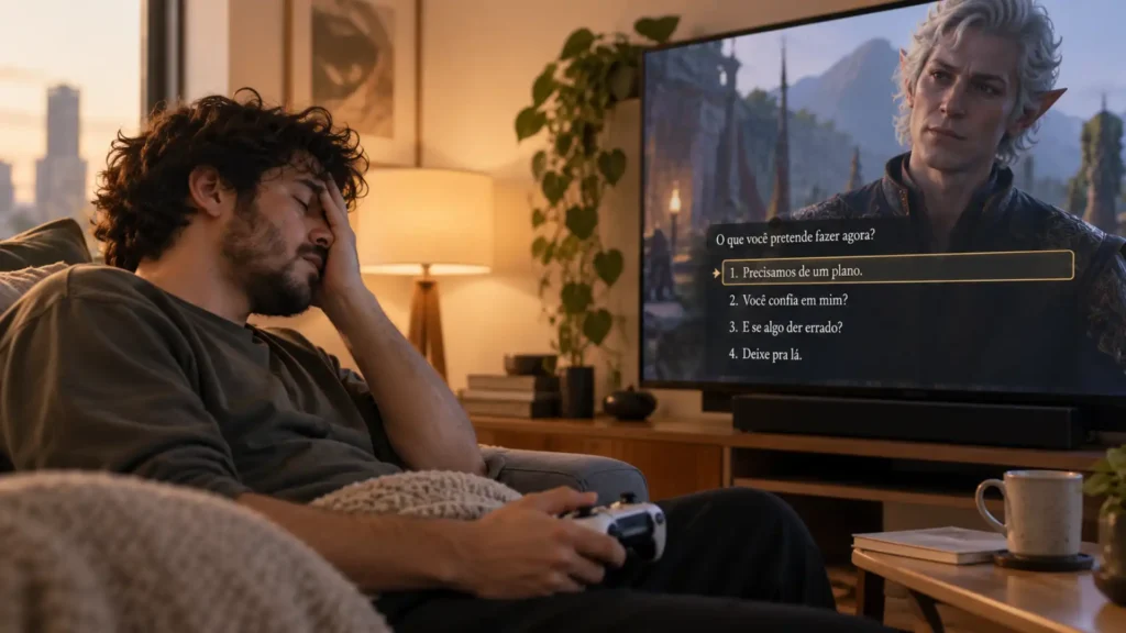 Jogador cansado diante de um RPG com muitos diálogos e áudio apenas em inglês, representando a falta de dublagem em português do Brasil