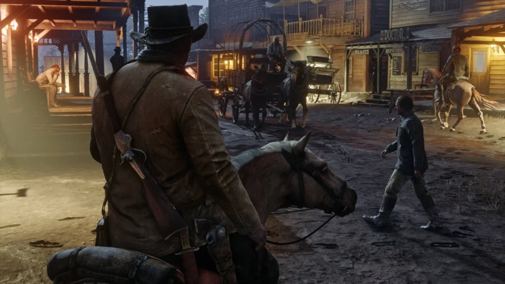Arthur Morgan a cavalo em Valentine, cercado por moradores, carroças e cavalos