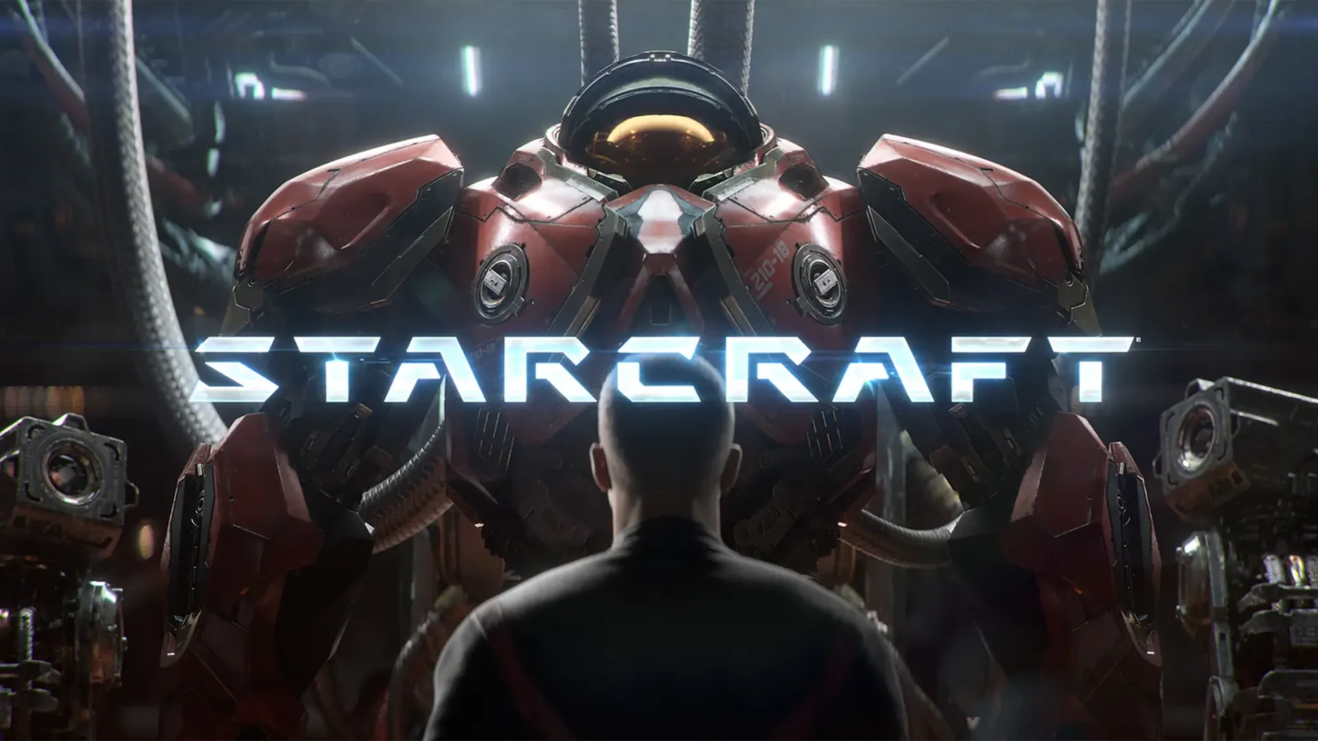 Marine diante de uma armadura mecânica em cena promocional de StarCraft, franquia que retorna em 2030 como shooter de mundo aberto.